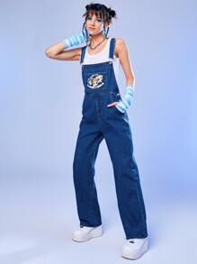 The Powerpuff Girls | ROMWE Cartoon Graphic Denim Overall - Medium Wash - View 3
