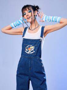 The Powerpuff Girls | ROMWE Cartoon Graphic Denim Overall - Medium Wash - View 4