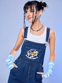 The Powerpuff Girls | ROMWE Cartoon Graphic Denim Overall - Medium Wash - View 6