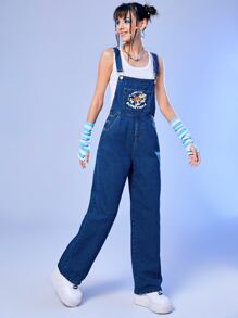 The Powerpuff Girls | ROMWE Cartoon Graphic Denim Overall - Medium Wash - View 7