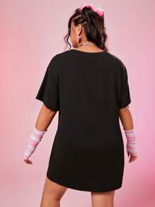 The Powerpuff Girls | ROMWE 大碼卡通和字母圖案落肩T恤連衣裙 - 黑色 - 查看 2