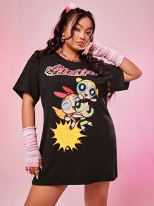 The Powerpuff Girls | ROMWE 大碼卡通和字母圖案落肩T恤連衣裙 - 黑色 - 查看 3