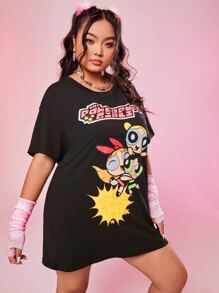 The Powerpuff Girls | ROMWE 大碼卡通和字母圖案落肩T恤連衣裙 - 黑色 - 查看 5