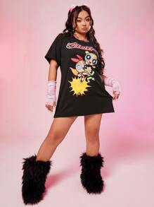 The Powerpuff Girls | ROMWE 大碼卡通和字母圖案落肩T恤連衣裙 - 黑色 - 查看 6