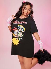 The Powerpuff Girls | ROMWE 大碼卡通和字母圖案落肩T恤連衣裙 - 黑色 - 查看 7