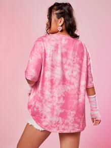 The Powerpuff Girls | ROMWE Plus Tie Dye Cartoon Graphic Drop Shoulder Tee - Pink - View 2