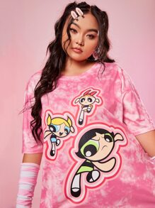The Powerpuff Girls | ROMWE Plus Tie Dye Cartoon Graphic Drop Shoulder Tee - Pink - View 3