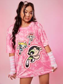 The Powerpuff Girls | ROMWE Plus Tie Dye Cartoon Graphic Drop Shoulder Tee - Pink - View 4
