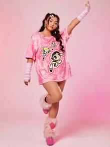 The Powerpuff Girls | ROMWE Plus Tie Dye Cartoon Graphic Drop Shoulder Tee - Pink - View 5