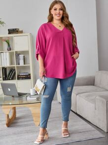 SHEIN LUNE 大碼捲邊袖褶皺襯衫 - 中紫紅色 - 查看 4