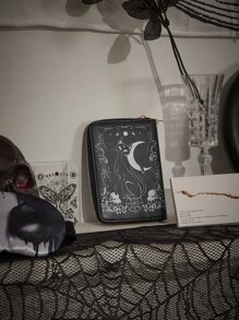 ROMWE Goth 貓和月紋卡包帶隨機拉鍊