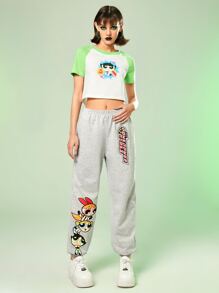 The Powerpuff Girls | ROMWE Cartoon Graphic Sweatpants - Light Grey - View 2