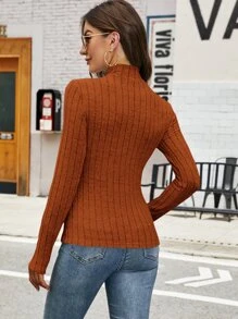 SHEIN Clasi Ribbed Mock Neck Tee - Rust Brown - View 2