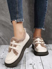 Buckle Decor Fluffy Flats - Beige - View 2