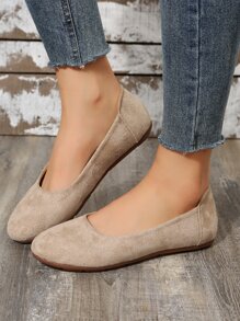 Women's Elegant Solid Color Ballet Flats With Minimalist Faux Suede Upper, Beige - Beige - View 2