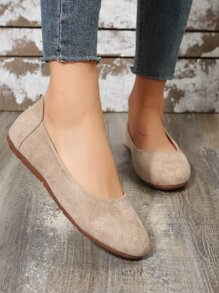 Women's Elegant Solid Color Ballet Flats With Minimalist Faux Suede Upper, Beige - Beige - View 3