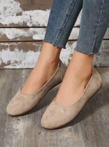 Women's Elegant Solid Color Ballet Flats With Minimalist Faux Suede Upper, Beige - Beige - View 5
