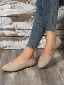 Women's Elegant Solid Color Ballet Flats With Minimalist Faux Suede Upper, Beige - Beige - View 6