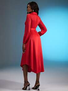 SHEIN SXY Shawl Collar Knot Side Wrap Dress - Red - View 2
