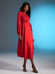 SHEIN SXY Shawl Collar Knot Side Wrap Dress - Red - View 4