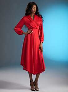 SHEIN SXY Shawl Collar Knot Side Wrap Dress - Red - View 5