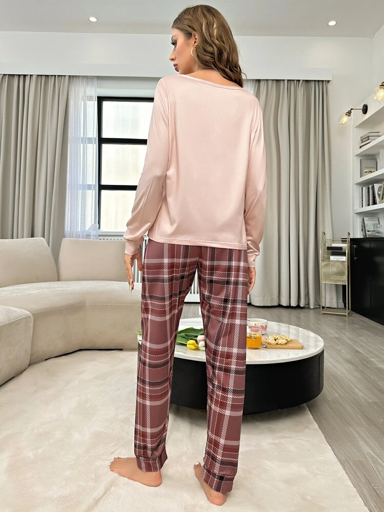 Rutigt & Slogan Grafisk Pyjamasset / Pyjamasset Mysiga Och Eleganta Detaljer, Höst- & Vinterkläder - Multifärgad - Visa 2