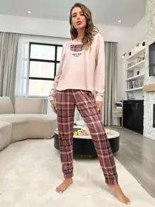 Plaid & Slogan Graphic PJ Set / Pajama Set