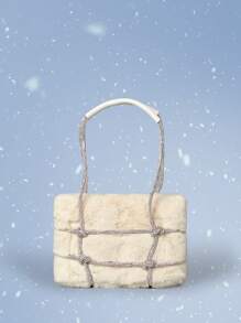 ROMWE Fairycore 水鑽裝飾毛茸茸單肩包 - 白色 - 查看 1