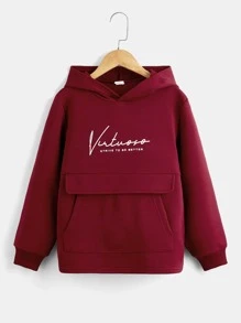 SHEIN 男孩標語圖案袋鼠口袋連帽衫