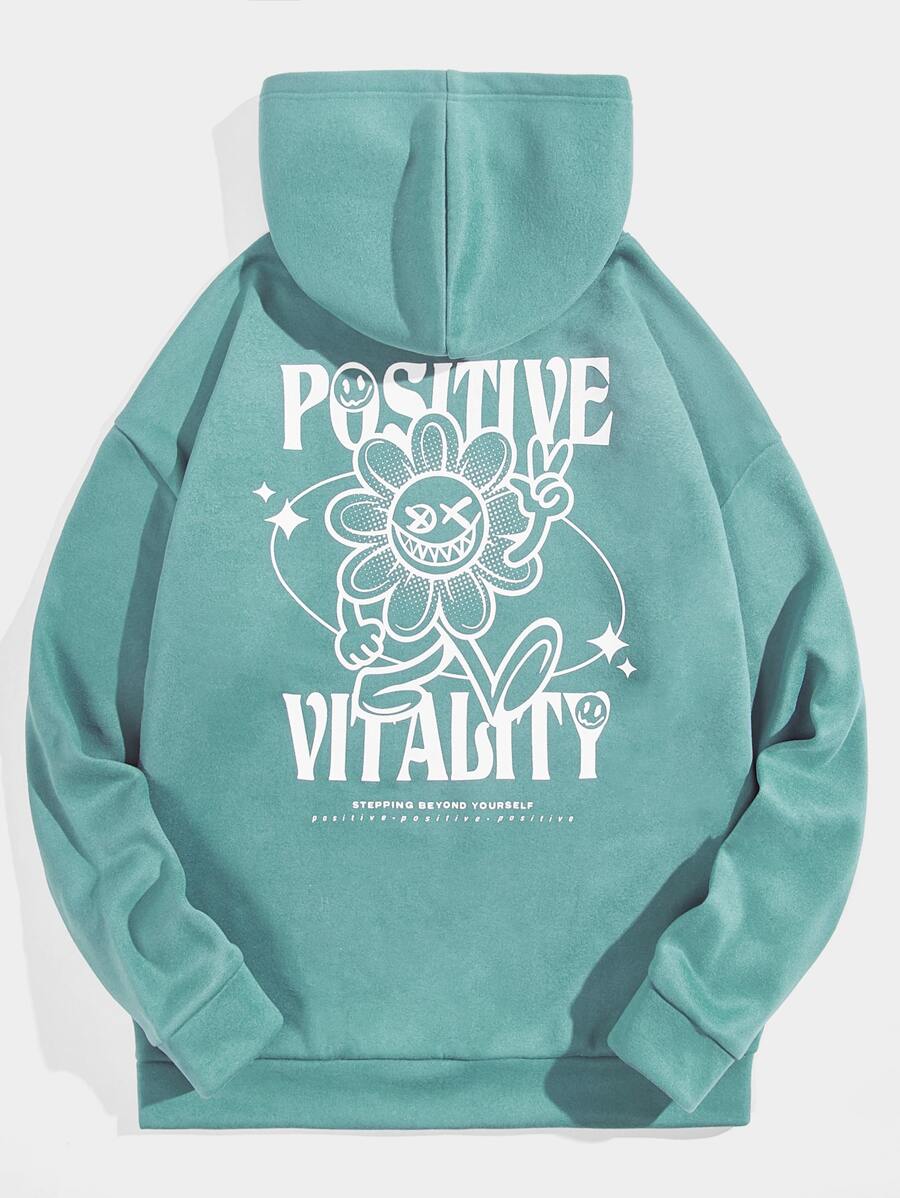 Manfinity VCAY Áo hoodie in khẩu hiệu và hoạt hình dáng rộng rãi cho nam - Màu xanh bạc hà - Xem 1