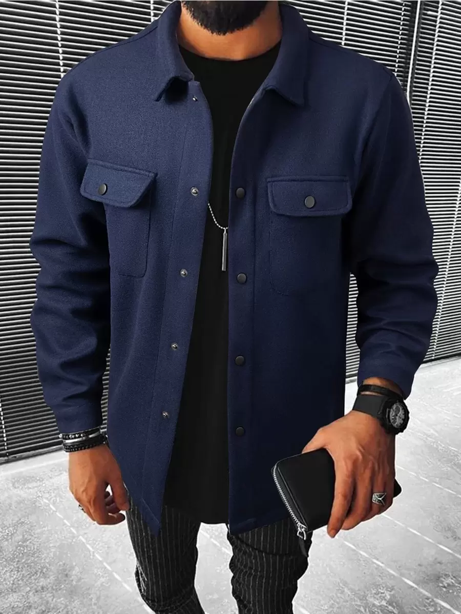 Manfinity Homme Men 1pc Long Sleeve Button Front Flap Pocket Overcoat , Fall Winter - Navy Blue - View 1
