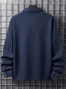 Manfinity Homme Men 1pc Long Sleeve Button Front Flap Pocket Overcoat , Fall Winter - Navy Blue - View 2