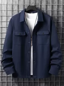 Manfinity Homme Men 1pc Long Sleeve Button Front Flap Pocket Overcoat , Fall Winter - Navy Blue - View 4