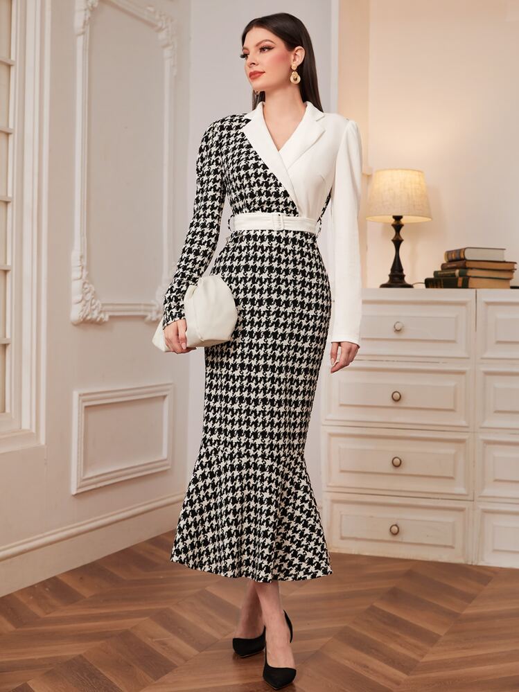 ハーリップトゥ　Houndstooth Belted Mermaid Dress Modelyn Houndstooth Print Lapel Neck Mermaid Hem Belted Dress | SHEIN