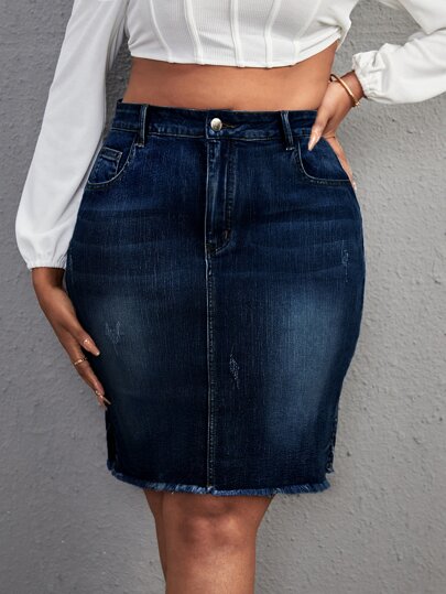Plus Split Raw Hem Denim Skirt