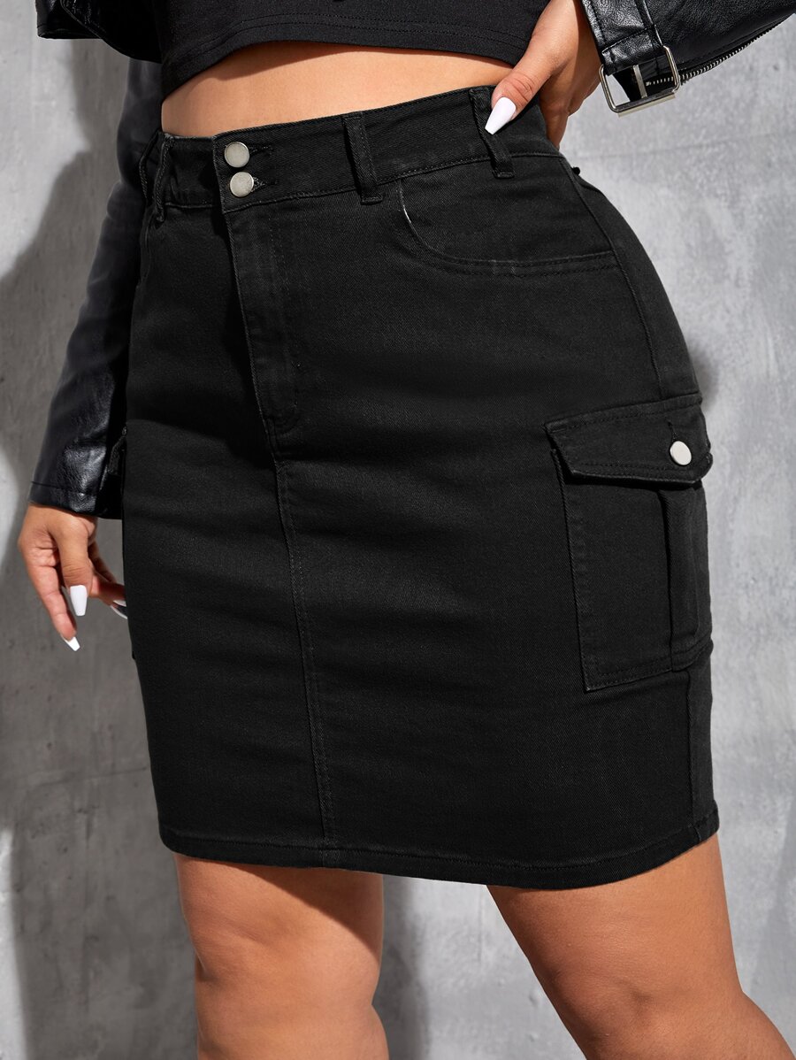 SHEIN ICON Plus Flap Pocket Denim Skirt - Black - View 1