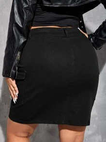 SHEIN ICON Plus Flap Pocket Denim Skirt - Black - View 2