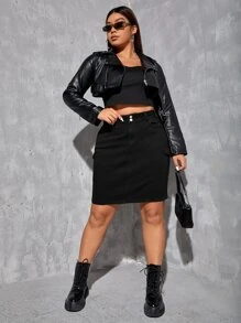 SHEIN ICON Plus Flap Pocket Denim Skirt - Black - View 5