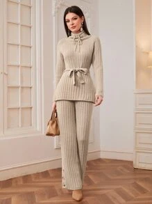 Modelyn 高領腰帶套頭毛衣和針織褲 - 卡其色 - 查看 1