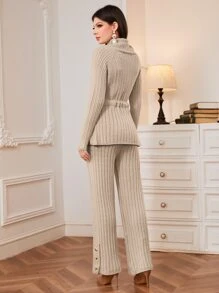 Modelyn 高領腰帶套頭毛衣和針織褲 - 卡其色 - 查看 2