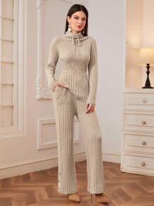 Modelyn 高領腰帶套頭毛衣和針織褲 - 卡其色 - 查看 4
