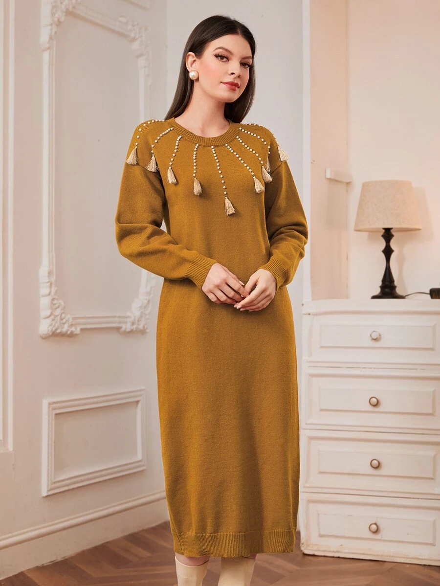 Mulvari Pearls Beaded Fringe Detail Drop Shoulder Jumper Dress - Mustard Yellow - View 1