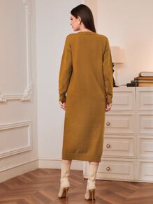 Mulvari Pearls Beaded Fringe Detail Drop Shoulder Jumper Dress - Mustard Yellow - View 2