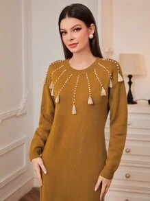 Mulvari Pearls Beaded Fringe Detail Drop Shoulder Jumper Dress - Mustard Yellow - View 4