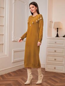 Mulvari Pearls Beaded Fringe Detail Drop Shoulder Jumper Dress - Mustard Yellow - View 5