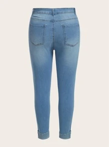 SHEIN SXY Plus High Waist Raw Cut Skinny Jeans - Light Wash - View 4