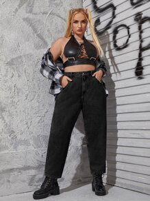 SHEIN ICON Plus High Waist Mom Fit Jeans - Black - View 5