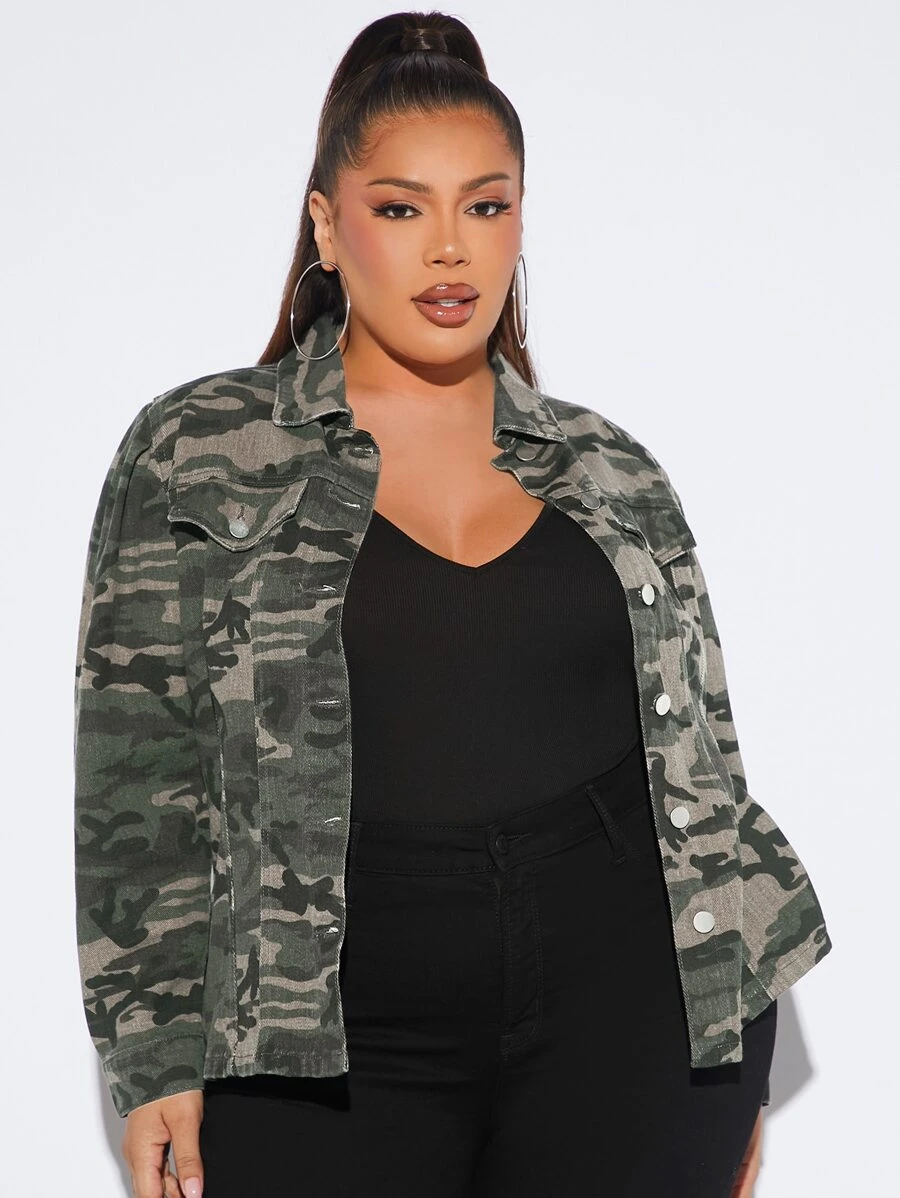 Plus Camo Print Denim Jacket - Multicolor - View 1