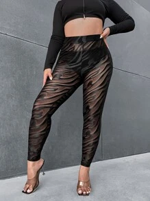 SHEIN SXY Plus Zebra Striped Mesh Leggings Without Panty - Black - View 3