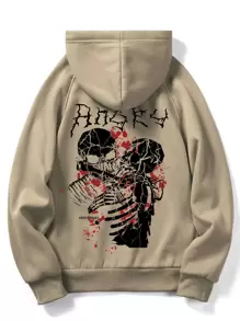 ROMWE MEN Grunge Punk Men Letter & Skeleton Print Raglan Sleeve Drawstring Thermal Hoodie - Khaki - View 1